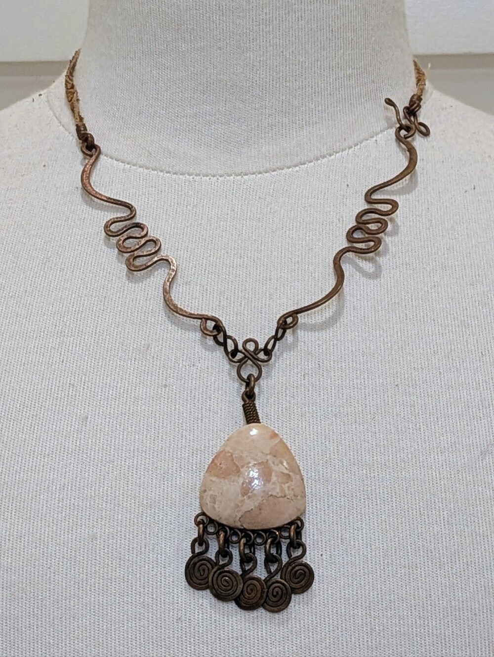 Handmade Vintage 17" Copper, Brecciated Jasper and Leather Necklace